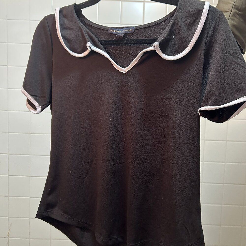 Adrienne Vittadini Sheer Black Sailor PinUp Blouse w White Trim Small Like New